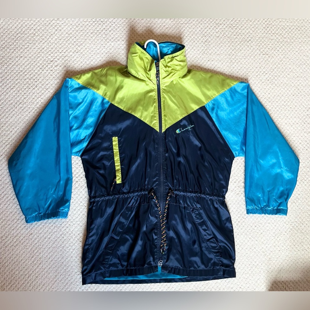Vintage Champion Women’s Blue and Green Raincoat